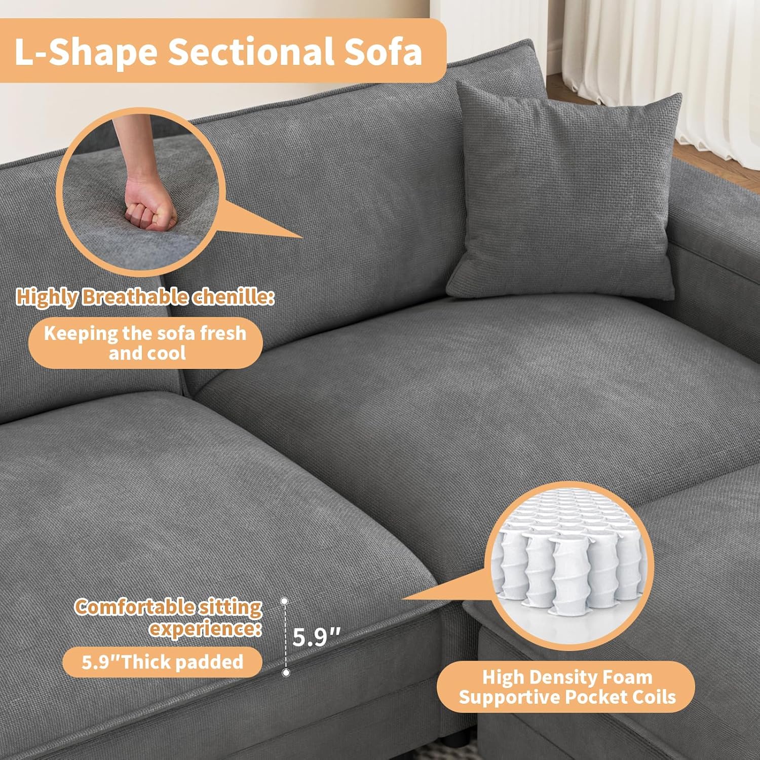 148.7" U Shaped Cloud Sofa Couch with Ottoman, Storage Armrest, Cup Holders, USB & Type-C Ports, Spring Cushions, Solid Wood Frame, Chenille Modular Sectional for Living Room (Dark Gray-U-148.7") - Image 4