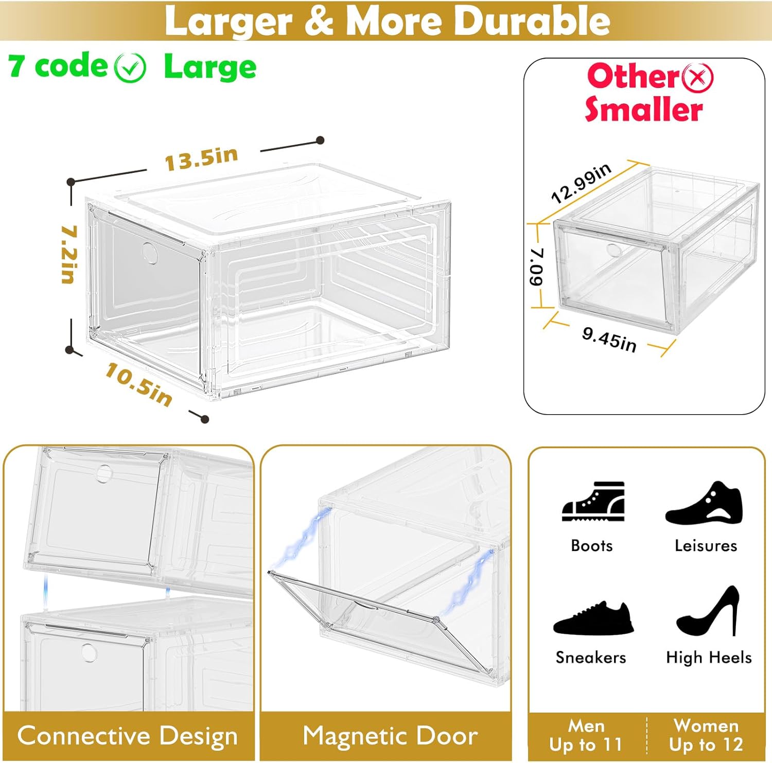 7 code Large Clear Shoe Boxes Organizer【Thicker Material】 Stronger Shoe Box with Magnetic Door, Stackable Shoe Storage Box for Closet, Foldable Space-Saving Storage Bins Shoe Cabinet, White 9 Pack - Image 3