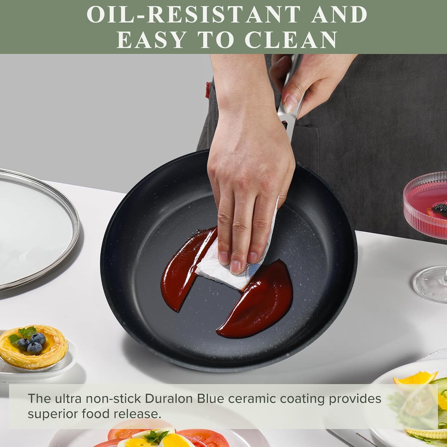 Nuwave Healthy Duralon Blue Ceramic Nonstick Cookware Set, Diamond Infused Scratch-Resistant, PFAS Free, Dishwasher & Oven Safe, Induction Ready & Evenly Heats, Tempered Glass Lids & Stay-Cool Handles - Image 6