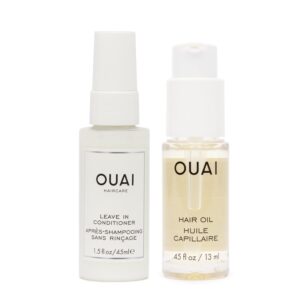 OUAI Travel-Size Hair Care Bundle – Leave-In Conditioner + Hair Oil – Hair Styling Products for Frizz Control, Heat Protection, Detangling, and Added Shine – (2 Count, 1.5 Oz/ 0.45 Oz)