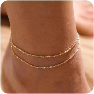 MIDEEO Gold/Silver Ankle Bracelets for Women,14K Gold Anklets for Women Waterproof Cuban Link Heart Beads Herringbone Rhinestone Anklets Set Layered Anklet Bracelets for Women Gold Jewelry Gift