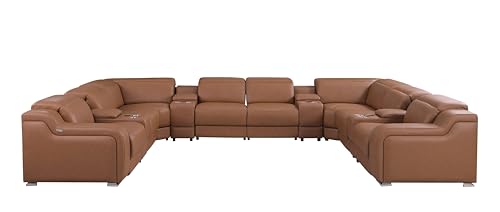 Blackjack Furniture Ibero 12-Piece Top Grain Italian Leather Sectional Reclining Sofa Set with 4 Power Recliners, Power Adjustable Headrests, USB and Wireless Phone Charger and Console Storage, Cognac - Image 2