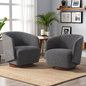 Boucle Swivel Accent Chairs Set of 2, No Assembly Upholstered Armchair with Rubberwood Base, 360° Rotating Living Room Chairs Set of 2 for Bedroom, Apartment & Reading Nook (2, Grey)