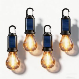 4 Pack Solar Camping Lights Sensor Hanging Hooked Tent Lantern Outdoor USB Rechargeable Bulb Lamp with Clip Hook Keychain 4 Lighting Modes for Christmas Decorations Hiking Backpacking Warm Light