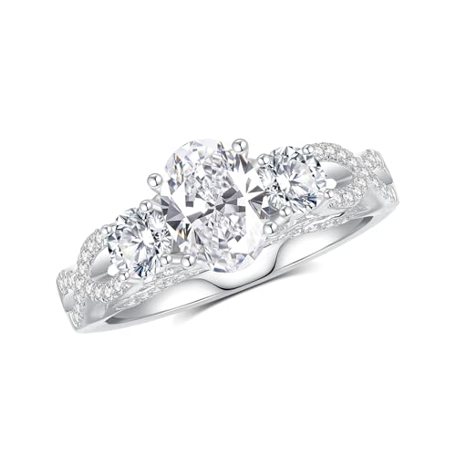 Moissanite Engagement Ring for Women 1.5CT Oval Cut 3-Stone Half Eternity Interweaving Band Vintage Floral Design 18K White Gold Plated S925 Sterling Silver Jewelry Gift(S7.5) - Image 2