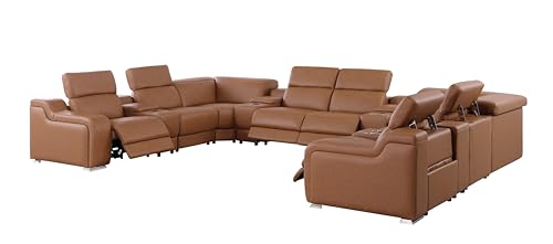 Blackjack Furniture Ibero 12-Piece Top Grain Italian Leather Sectional Reclining Sofa Set with 4 Power Recliners, Power Adjustable Headrests, USB and Wireless Phone Charger and Console Storage, Cognac - Image 3