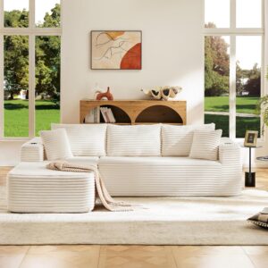 Modular Compressed Sectional Sofa Set – Velvet Corduroy Upholstery, Convertible Couch with Cup Holders and Pillows for Living Room, Beige