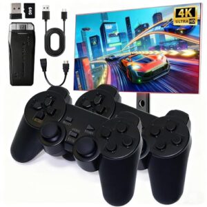 Retro Game Console Stick – Plug & Play Wireless Video Game System with 20,000+ Classic Games, 9 Emulators, 4K HDMI Output, 2.4GHz Dual Controllers, Arcade Stick for Adults(64G)