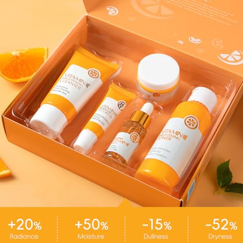 5 Piece Vitamin C Skincare Set, Moisturizing Face Skin Care Kit With Facial Cleanser, Face Serum, Face Cream, Eye Cream, Toner For Hydrating Skin, Anti-Aging Skincare Gift Set For Teenage Girls - Image 3