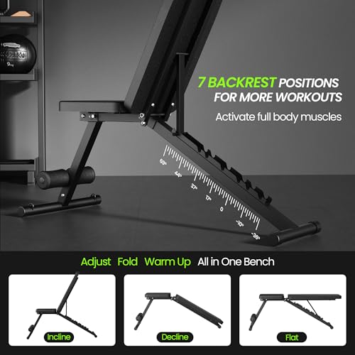 Adjustable Weight Bench for Home Gym, Foldable Workout Bench for Full Body Fitness Dumbbell Exercise, 600LBS Incline Decline Flat Bench with Resistance Bands for Strength Training - Image 3