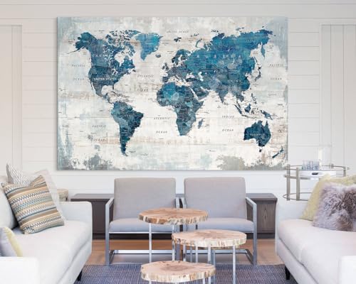 Wall Art Living Room Office Pictures Large World Map Wall Decor Oversized Decor for Women Framed Blue Artwork Rustic Framhouse House Decorations - Image 6