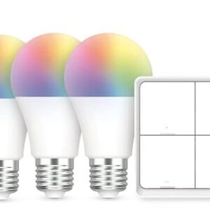 Broadlink Smart Bulbs Starter Kit – 3 A19 FastCon Color Changing Light Bulbs with Music Sync, 1 Wireless Scene Switch and Hub Included, 16 Million Colors, Works with Alexa, Google Home, 5 Piece Set