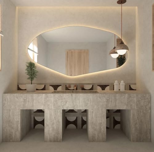 FAWdecor Asymmetrical Bathroom LED Mirror, Irregular Shape Vanity Wall Mirror with Led Light, Modern Full Length Backlit Frameless Long Washbasin Light Up (60" x 30") - Image 2