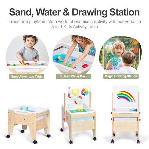 KRAND Kids Water & Sand Sensory Table, Toddlers Outdoor Activity Table with Lockable Casters & Transparent Plexiglass Overlay for Doodling & Water Toys Adhesion - Image 5