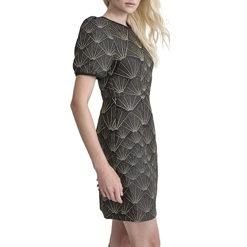 DKNY Women's Short Sleeve Jewel Neck Mini Fit and Flare Heat Set Dress, Black/Gold, 16 - Image 3
