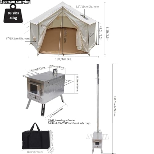 DANCHEL OUTDOOR B6 4 Season Glamping Wall Tent w/Large Wood Stove Camping, No Center Pole, Higher Side Wall, 900D Flame Retardant Oxford for 4 Person Yurt Cabin Tent,13ft/4m - Image 7