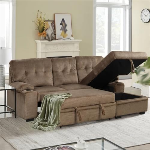 ONMYJFD 95.7" Padded Upholstered Sofa Bed Sleeper Sectional Sofa with Storage Chaise and Cup Holder for Living Room Furniture Set(D) - Image 4