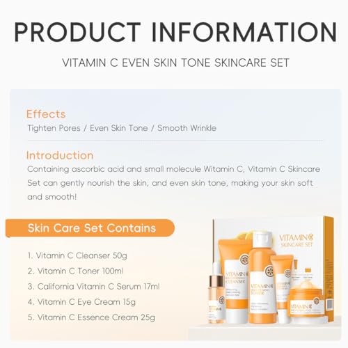 5 Piece Vitamin C Skincare Set, Moisturizing Face Skin Care Kit With Facial Cleanser, Face Serum, Face Cream, Eye Cream, Toner For Hydrating Skin, Anti-Aging Skincare Gift Set For Teenage Girls - Image 6