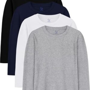 HoeVou 4 Pack Boys Long Sleeve Shirts Soft Cotton Basic Tees Youth Boys Long Sleeve T-Shirts Layering Shirts Tagless 5-6Y