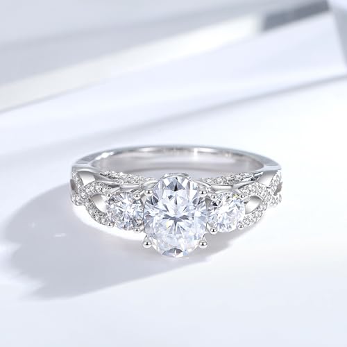 Moissanite Engagement Ring for Women 1.5CT Oval Cut 3-Stone Half Eternity Interweaving Band Vintage Floral Design 18K White Gold Plated S925 Sterling Silver Jewelry Gift(S7.5) - Image 3