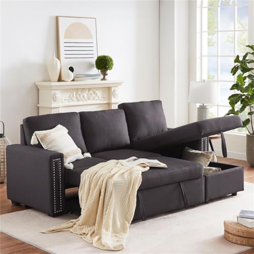 YWMLFZ 83" Pull Out Sleeper Sofa Reversible L-Shape 3 Seat Sectional Couch with Storage Chaise for Living Room Furniture Set - Image 3