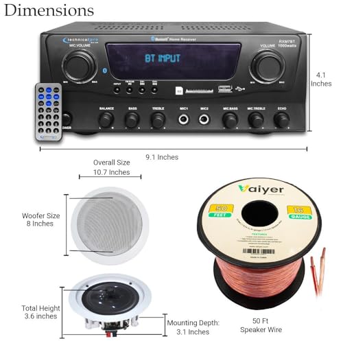 Home Theater Sound System Kit - 1000 Watts Bluetooth Amplifier w/ 4 QTY of 8" Framed Ceiling Speakers 300 W Each, 100 ft Speaker Wire & Remote Perfect for Home, Office,Bar, Restaurant by Technical Pro - Image 2
