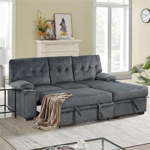 ONMYJFD 95.7" Padded Upholstered Sofa Bed Sleeper Sectional Sofa with Storage Chaise and Cup Holder for Living Room Furniture Set(D) - Image 2