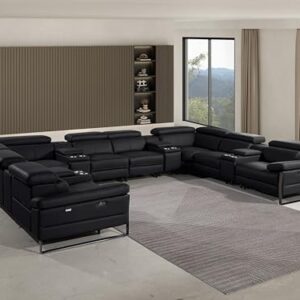 BlackJack Furniture Antonio 12 Piece U Shaped Power Reclining Sectional Sofa, Modular Couch with Top Grain Italian Leather, 4 Electric Recliners, USB & Wireless Chargers, Storage Console, Black