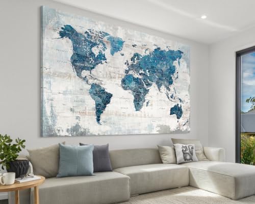 Wall Art Living Room Office Pictures Large World Map Wall Decor Oversized Decor for Women Framed Blue Artwork Rustic Framhouse House Decorations - Image 3