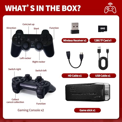 Retro Game Console Stick – Plug & Play Wireless Video Game System with 20,000+ Classic Games, 9 Emulators, 4K HDMI Output, 2.4GHz Dual Controllers, Arcade Stick for Adults(64G) - Image 4