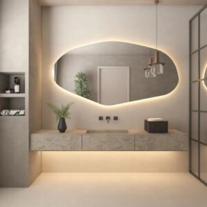 FAWdecor Asymmetrical Bathroom LED Mirror, Irregular Shape Vanity Wall Mirror with Led Light, Modern Full Length Backlit Frameless Long Washbasin Light Up (60″ x 30″)