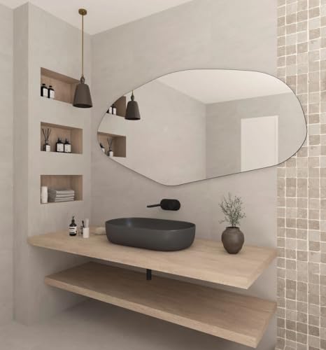 FAWdecor Asymmetrical Bathroom LED Mirror, Irregular Shape Vanity Wall Mirror with Led Light, Modern Full Length Backlit Frameless Long Washbasin Light Up (60" x 30") - Image 9