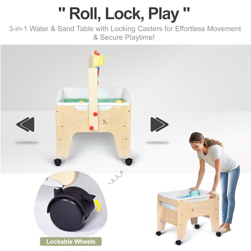 KRAND Kids Water & Sand Sensory Table, Toddlers Outdoor Activity Table with Lockable Casters & Transparent Plexiglass Overlay for Doodling & Water Toys Adhesion - Image 3