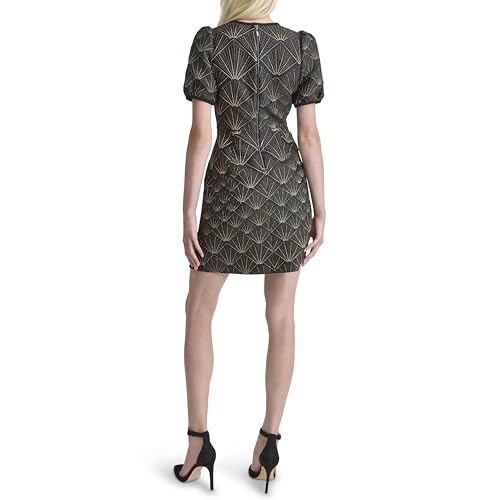 DKNY Women's Short Sleeve Jewel Neck Mini Fit and Flare Heat Set Dress, Black/Gold, 16 - Image 4