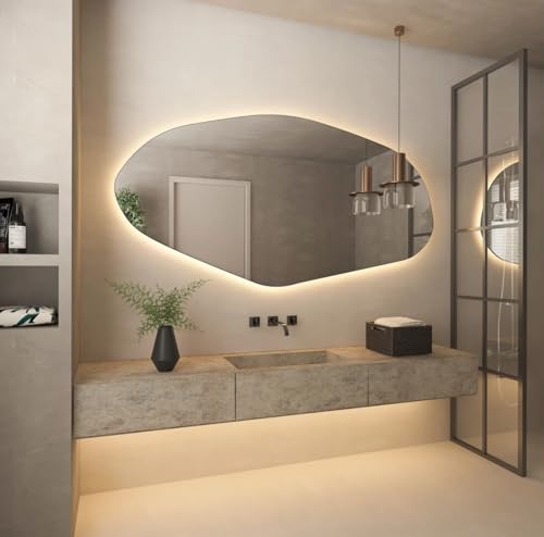 FAWdecor Asymmetrical Bathroom LED Mirror, Irregular Shape Vanity Wall Mirror with Led Light, Modern Full Length Backlit Frameless Long Washbasin Light Up (60" x 30") - Image 4
