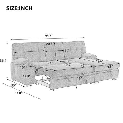 ONMYJFD 95.7" Padded Upholstered Sofa Bed Sleeper Sectional Sofa with Storage Chaise and Cup Holder for Living Room Furniture Set(D) - Image 3