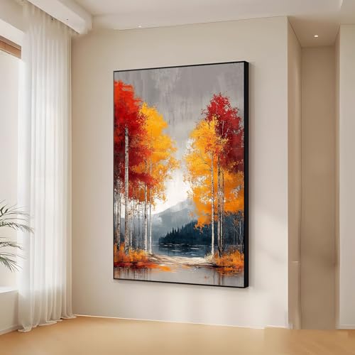 Birch Trees Canvas Wall Art, Autumn Tree Canvas Wall Art, Forest Canvas Wall Art, Woods Pictures Wall Art, Birch Tree Decor, Colorful Tree Wall Art, Framed Wall Art for Living Room (Black Framed, 39"x59" | 100x150cm) - Image 2