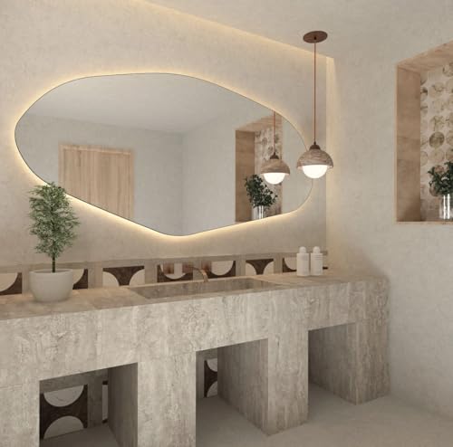 FAWdecor Asymmetrical Bathroom LED Mirror, Irregular Shape Vanity Wall Mirror with Led Light, Modern Full Length Backlit Frameless Long Washbasin Light Up (60" x 30") - Image 3