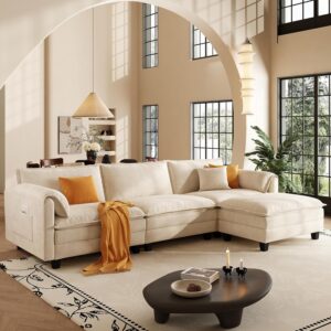 107″ L Shaped Modular Sectional Cloud Couch with Pillow, Deep Seat Sofa Couches for Living Room, 4-Seat Modern Sofa with Movable Ottoman, Comfortable Living Room Couch (Beige, 107 Inch-L)