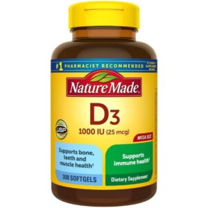 Vitamin D3, 300 Softgels, Vitamin D 1000 IU (25 mcg) Helps Support Immune Health, Strong Bones and Teeth, & Muscle Function, 125% of the Daily Value for Vitamin D in Only One Daily Softgel