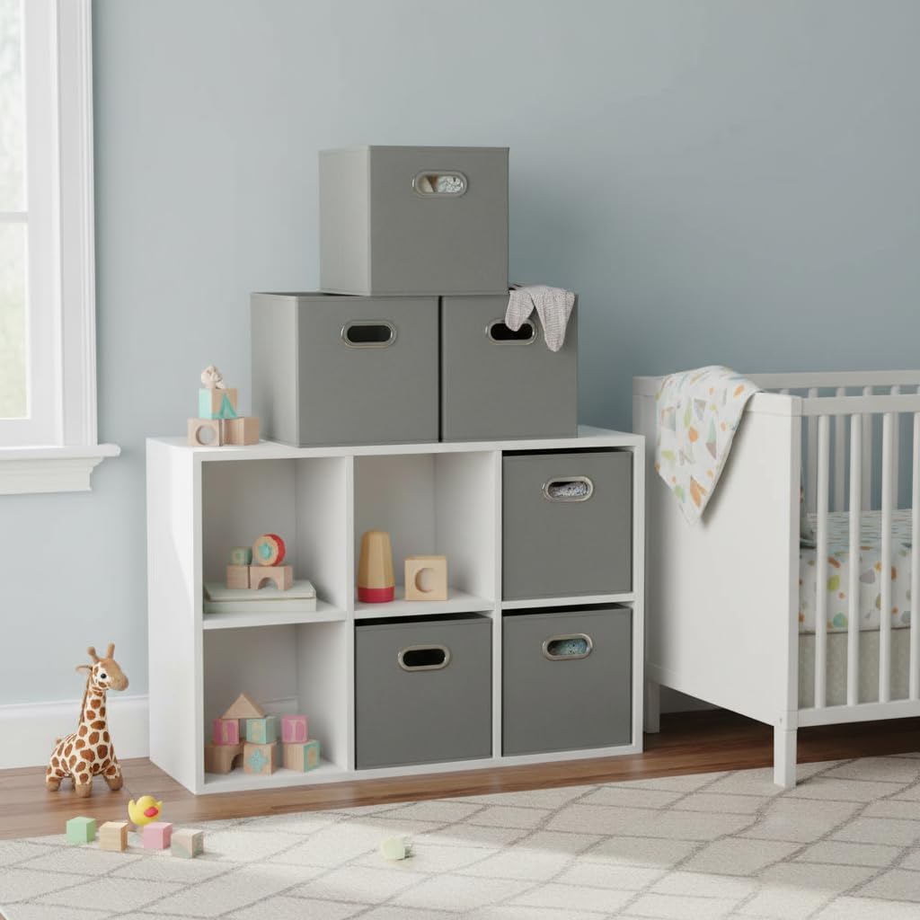 Household Essentials Fabric Storage Bins 6 Piece Set, Strong Poly-Woven Fabric, Sturdy Chipboard Sides, Grommet Front Handle, Stackable and Foldable, Classic Design, Dove Gray - Image 3