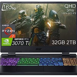 Acer Nitro 5 Gaming Laptop (15.6″ QHD 165Hz, AMD 8-Core Ryzen 7 6800H (Beat i7-12650H), NVIDIA GeForce RTX 3070 Ti 8GB, 32GB DDR5 RAM, 2TB PCle SSD) RGB Backlit, Webcam, WiFi 6E, Win 11 Home, Black