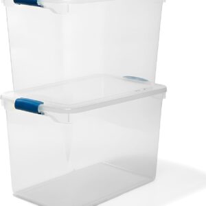 HOMZ 2-Pack Latching Lid, Clear Plastic Storage Organizer Bins, 112 Quart, Blue Latch – Stackable Organizing Containers for Home, Garage, and Office