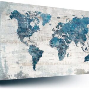 Wall Art Living Room Office Pictures Large World Map Wall Decor Oversized Decor for Women Framed Blue Artwork Rustic Framhouse House Decorations