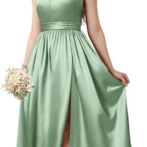 Junior Girls Bridesmaid Halter jr Bridesmaid Dresses for Teens Split Satin Flower Girl Formal Gown for Wedding