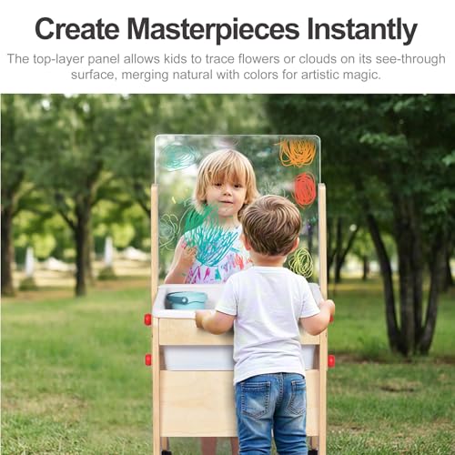 KRAND Kids Water & Sand Sensory Table, Toddlers Outdoor Activity Table with Lockable Casters & Transparent Plexiglass Overlay for Doodling & Water Toys Adhesion - Image 6