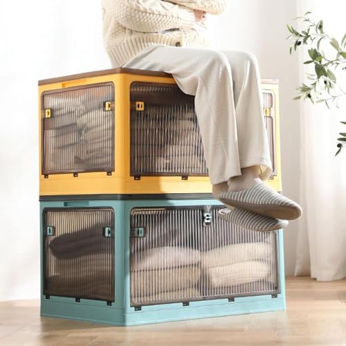 Large Clear Foldable Plastic Storage Boxes with Lids, Portable Handles & Wheels for Wardrobe, Grocery, Cupboard - Blue Bin (73x49x40CM) - Image 6