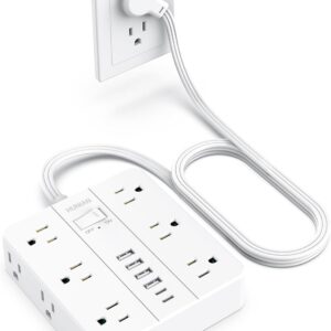Surge Protector Power Strip, HUNIAN 5 Ft Flat Plug Extension Cord with 12 Widely Spaced Multiple Outlets 6 USB (2 USB C Ports), Outlet Extender with Power Switch for Home Office Supplies, White