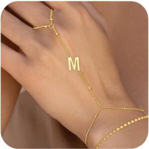 Ascona Valentines Day Gifts for Her Initial Hand Chain Bracelet for Women-14K Gold Plated Ring Bracelet Hand Chain for Women Trendy,Dainty Letter A-Z Link Charm Stack Bracelets Set Jewelry Gifts