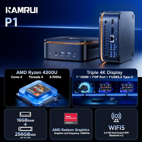 KAMRUI Pinova P1 Mini PC, W-11 Pro AMD Ryzen 4300U(Beat 3500U/N150/N95, up to 3.7GHz), 16GB RAM 256GB SSD Mini Desktop Computer Support 4K HDMI+DP+Type-C, Mini PC with Dual WiFi, Business Home Office - Image 3